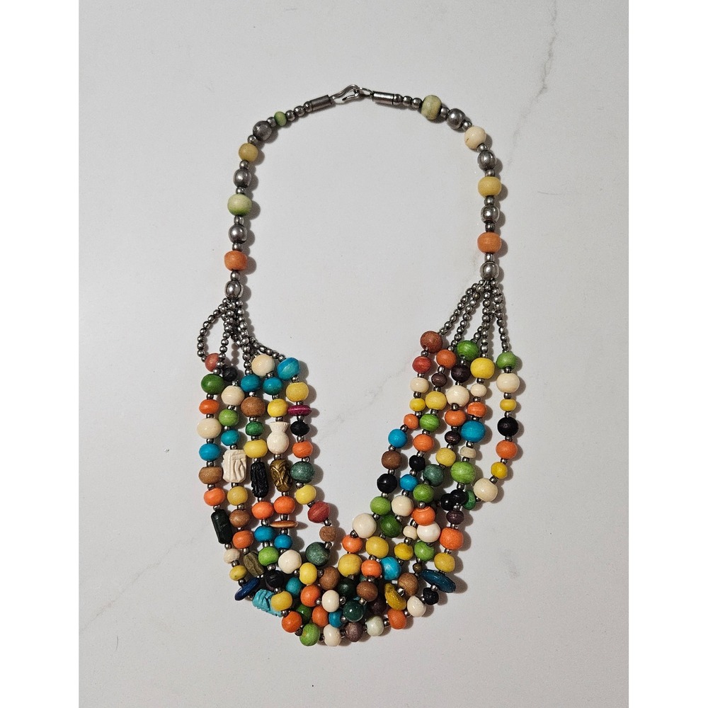 Boho Multi Strand Wooden Bead Statement Necklace Colorful Bib Eclectic